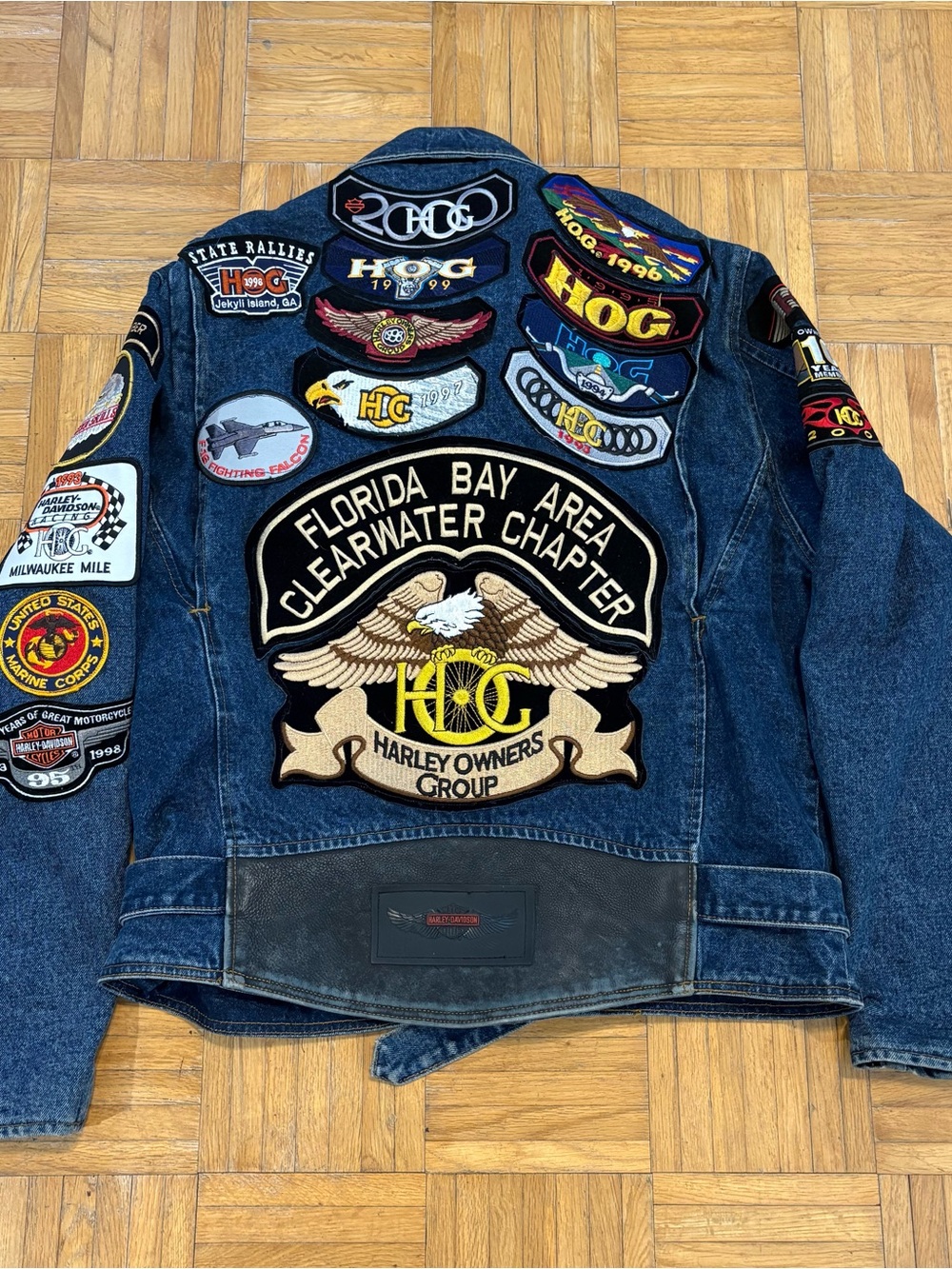 Vintage Harley Davidson Buckle Back Patchwork Denim Jean Jacket